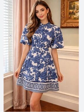 Joie Blue Floral Dress 8 Puff Sleeves Ruffle Hem Belted Feminine Spring Summer